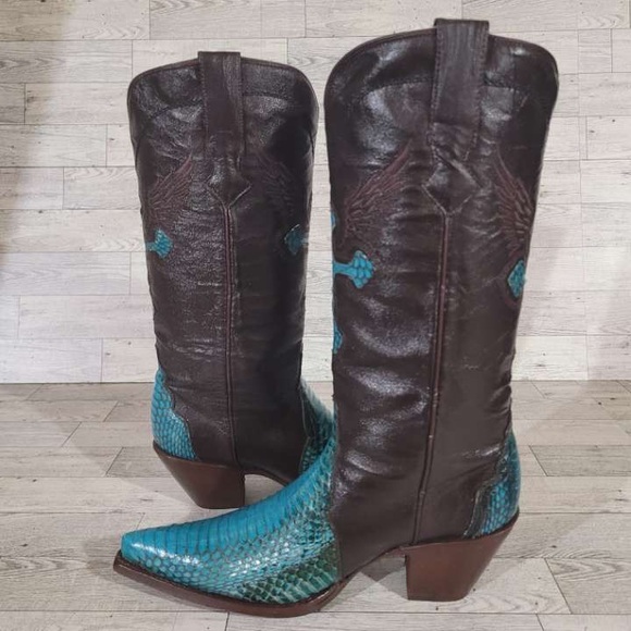 Rogers Boots Turquoise Cobra Snakeskin Brown Leather Rodeo Cowboy Boots Size 7 - Picture 7 of 9